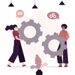 Two female characters holds large gears. Concept of teamwork, cooperation and partnership