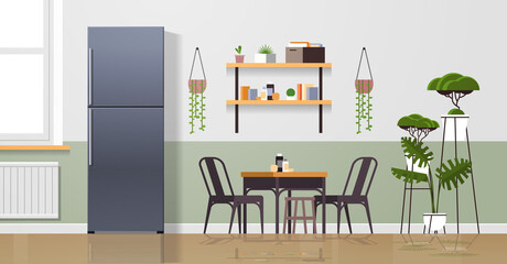 silver refrigerator in modern kitchen interior home appliance concept horizontal