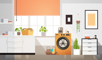 interior of laundry room with washing machine electric washer home appliance concept horizontal