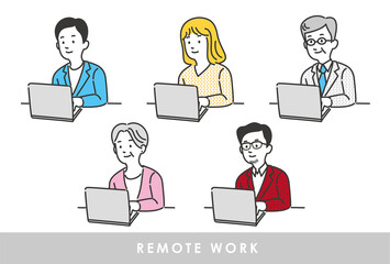 リモートワークをする人々のイラストのセット素材