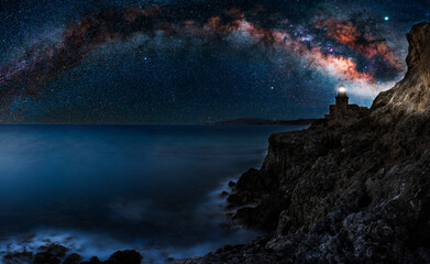 Milky way galaxy over a lighthouse