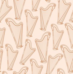 Harp, seamless pattern, beige, contour pattern, vector. A thin contour drawing on a colored flat field. A musical instrument. Vector. 