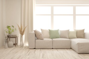 Soft color living room with sofa. Scandinavian interior design. 3D illustration