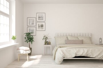 Soft color bedroom interior. Scandinavian design. 3D illustration