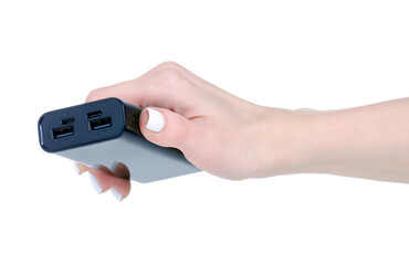 Black power bank in hand on white background isolation