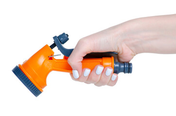 Garden hose sprayer in hand on white background isolation
