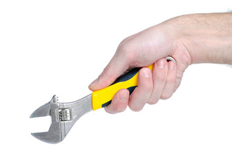 Adjustable wrench work tool in hand on white background isolation
