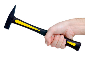 Yellow hammer work tool in hand on white background isolation