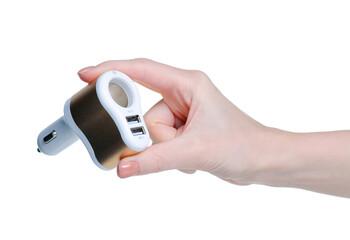 usb for auto in hand on white background isolation