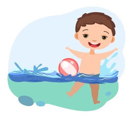 Boy is having fun. Waves of water river, sea or ocean. Swimming, diving and water sports. Pool. Isolated on white background. Illustration in cartoon style. Flat design. Vector art