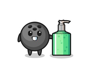 cute bowling ball cartoon with hand sanitizer