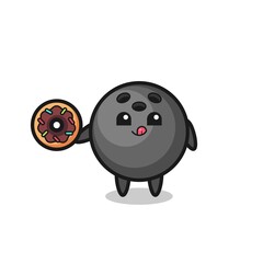 illustration of an bowling ball character eating a doughnut