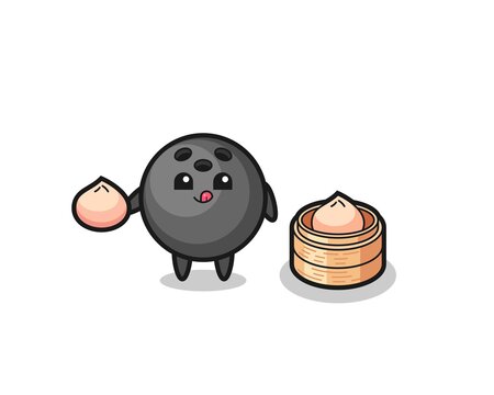 Cute Bowling Ball Character Eating Steamed Buns