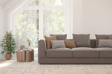 White living room with sofa. Scandinavian interior design. 3D illustration