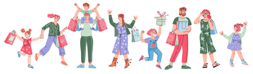 Obraz na płótnie Canvas Happy adults and children shopping. Big discount, purchasing of goods and gifts concept with cartoon characters of joyful buyers, vector illustration isolated.