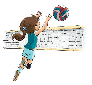 Illustration of girl playing volleyball with net and ball