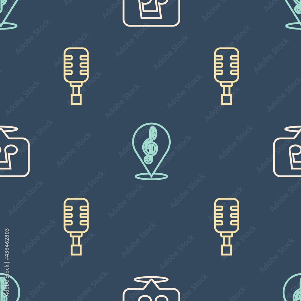 Poster set line music note, tone, microphone and treble clef on seamless pattern. vector
