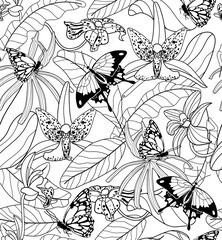 Black and white floral exotic seamless pattern. Exotic tropical flowers orchids and butterflies. Vector illustration. Flower background for fabrics, paper, wallpaper, textile and other.