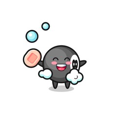 8 ball billiard character is bathing while holding soap