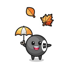 cartoon of the cute 8 ball billiard holding an umbrella in autumn