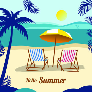 Tropical summer beach with chairs on sand illustration vector 