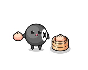 cute 8 ball billiard character eating steamed buns