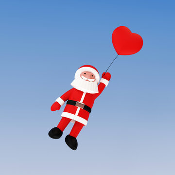 Santa Flying Away Or Arriving In A Red Heart Balloon On A Blue Sky Background. Idea For A Christmas Card. 3D Illustration