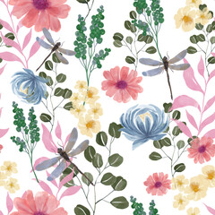 Watercolor illustration Botanical collection gerbera and peoniey and daisy leaves and dragonfly insect bug Set of wild and garden and abstract seamless pattern