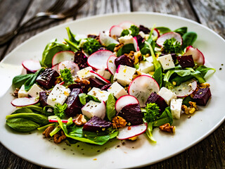  Beets salad with feta cheese on wooden background
