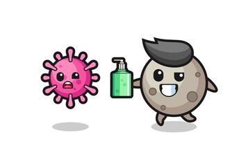 illustration of moon character chasing evil virus with hand sanitizer
