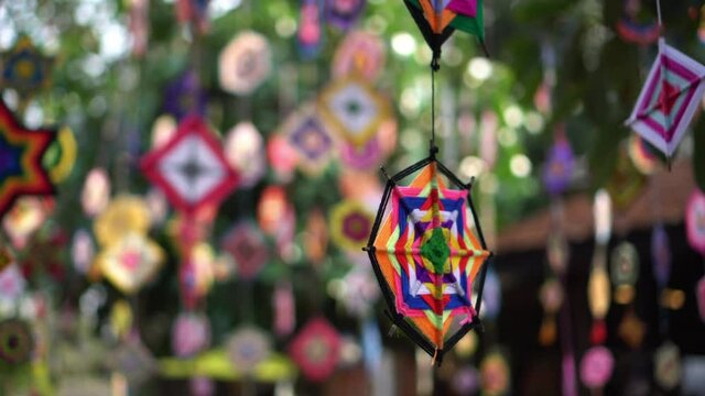 Cultural colorful festive elements hanging handicraft fabric of Southeast Asian hill tribe