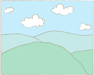 Fototapeta premium Hand drawn cute summer landscape with hills and sky, vector illustration