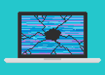 Pixel art, vector illustration of damage laptop with broken screen. Modern design laptop.
