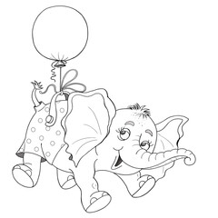 Cute baby elephant. Character design. Greeting card, poster, coloring page. Cute and funny cartoon characters isolated on white background