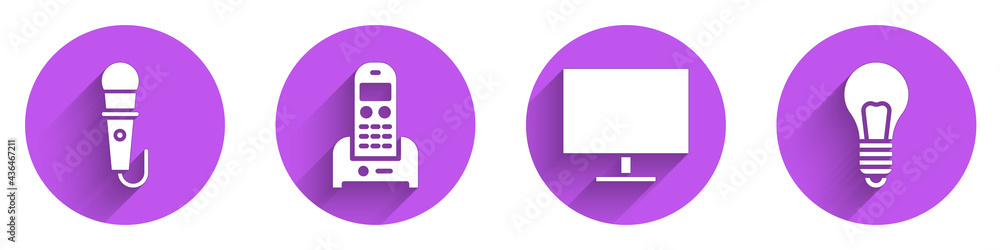 Poster set microphone, telephone, computer monitor screen and light bulb with concept of idea icon with lon