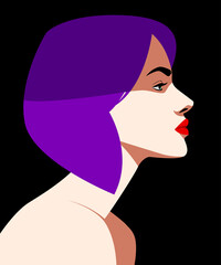 Silhouette of a woman on a black background close-up. Illustration of a girl with pink hair and red lips in profile. The concept of a banner for a beauty salon.