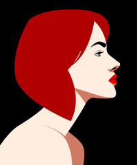 Silhouette of a woman on a black background close-up. Illustration of a girl with pink hair and red lips in profile. The concept of a banner for a beauty salon.