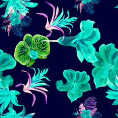 Fototapeta na wymiar Green Hibiscus Leaf. Indigo Flower Set. Blue Watercolor Textile. Purple Floral Foliage. Seamless Print. Pattern Plant.Tropical Texture. Art Background.