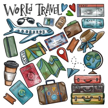 Hand drawing watercolor world traveling summer vacation set. Use for card, poster, postcard, background, print, textile, brochure.