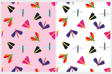 Fototapeta na wymiar Cute Seamless Vector Pattern with Little Butterflies, Dragonflies and Moths Isolated on a White And Light Pink Background. Simple Repeatable Print ideal for Fabric, Textile, Wrapping Paper.