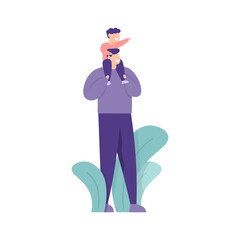 concept of father's day, family time. illustration of a father carrying his child on the shoulder. activities of children and fathers. flat style. vector design