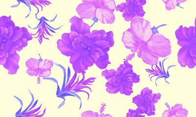 Fototapeta na wymiar Purple Hibiscus Garden. Pink Flower Textile. Vanilla Seamless Garden. Violet Watercolor Textile. Pattern Plant. Tropical Backdrop. Exotic Background.Art Decor
