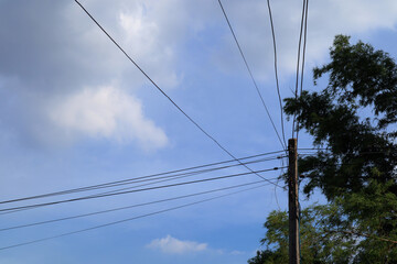 Obraz premium Electric wires with blue sky. countryside electric wire.
