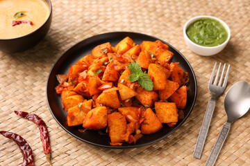 Masala Idli or Masala idly coconut chutney green chutney popular breakfast of Kerala Tamil Nadu South India and Sri Lanka. Healthy steamed rice cakes steaming fermented batter of black lentils , rice.