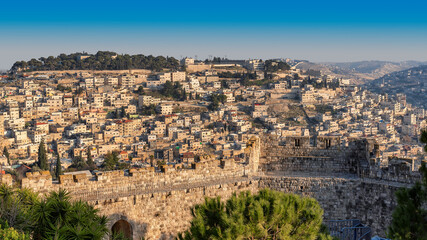 Obraz premium Skyline of Jerusalem Old City and ancient fortress, Jerusalem, Israel.
