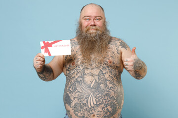 Young fun fat pudge obese chubby overweight blue-eyed bearded man 30s has big belly with naked...