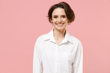 Young smiling happy cheerful friendly successful employee business woman corporate lawyer 20s wear...