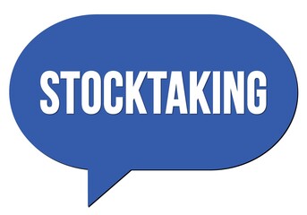 STOCKTAKING text written in a blue speech bubble