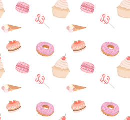 delicate pattern of confectionery products. cupcake, doughnut, ice cream, lollipop. vector image