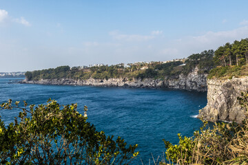 The scenery of Jeju Island with blue sea and sky